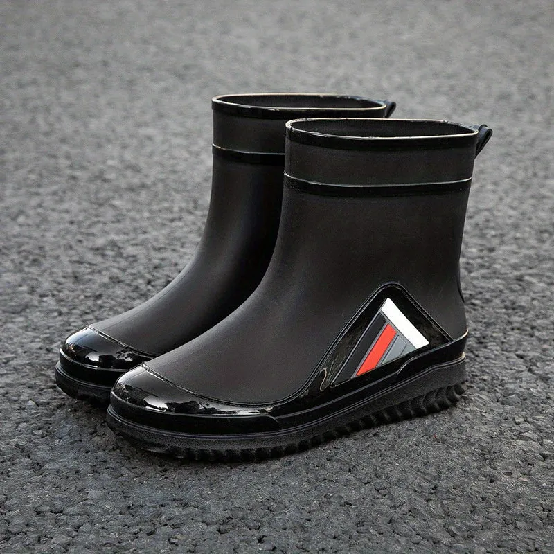 Men's Solid Color Slip On Waterproof Mid Top Rain Boots, Comfy Non Slip Adjustable Drawstring Durable Water Shoes For Rainy Day Outdoor Activities