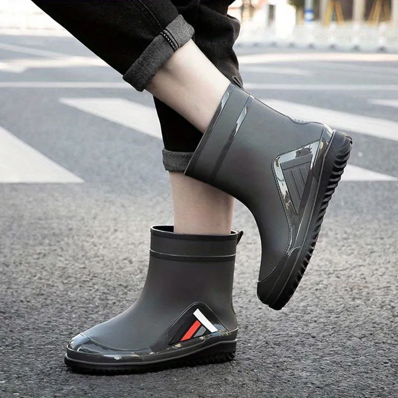 Men's Solid Color Slip On Waterproof Mid Top Rain Boots, Comfy Non Slip Adjustable Drawstring Durable Water Shoes For Rainy Day Outdoor Activities