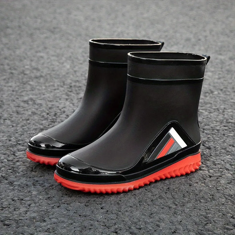 Men's Solid Color Slip On Waterproof Mid Top Rain Boots, Comfy Non Slip Adjustable Drawstring Durable Water Shoes For Rainy Day Outdoor Activities