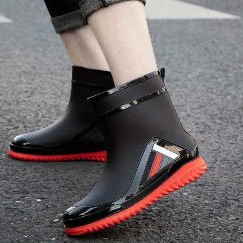 Men's Solid Color Slip On Waterproof Mid Top Rain Boots, Comfy Non Slip Adjustable Drawstring Durable Water Shoes For Rainy Day Outdoor Activities