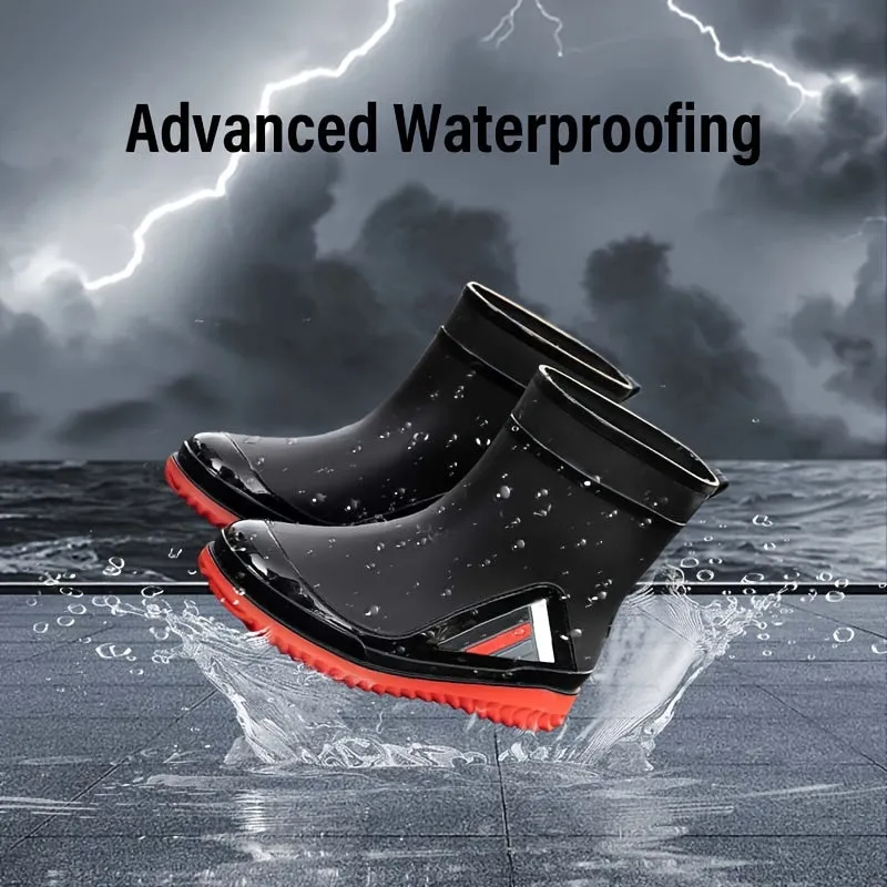 Men's Solid Color Slip On Waterproof Mid Top Rain Boots, Comfy Non Slip Adjustable Drawstring Durable Water Shoes For Rainy Day Outdoor Activities