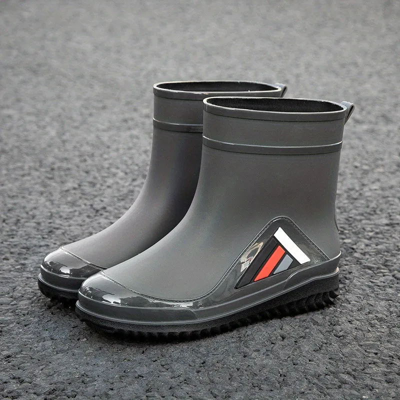 Men's Solid Color Slip On Waterproof Mid Top Rain Boots, Comfy Non Slip Adjustable Drawstring Durable Water Shoes For Rainy Day Outdoor Activities