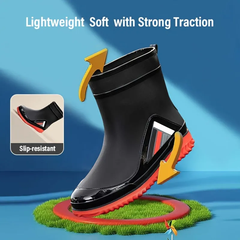 Men's Solid Color Slip On Waterproof Mid Top Rain Boots, Comfy Non Slip Adjustable Drawstring Durable Water Shoes For Rainy Day Outdoor Activities