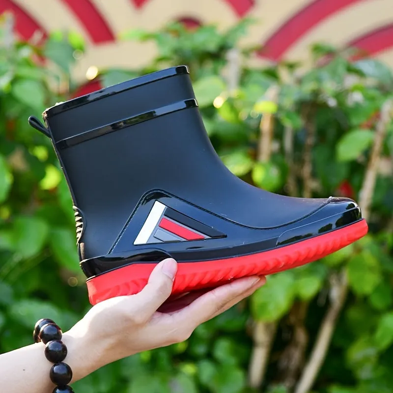 Men's Solid Color Slip On Waterproof Mid Top Rain Boots, Comfy Non Slip Adjustable Drawstring Durable Water Shoes For Rainy Day Outdoor Activities
