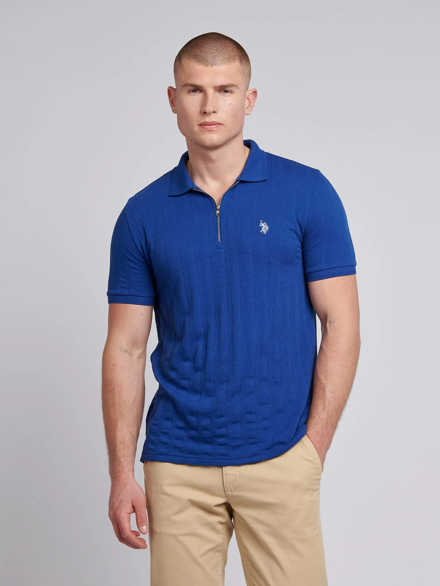 Mens Stripe Textured Zip Polo Shirt in Sodalite Blue