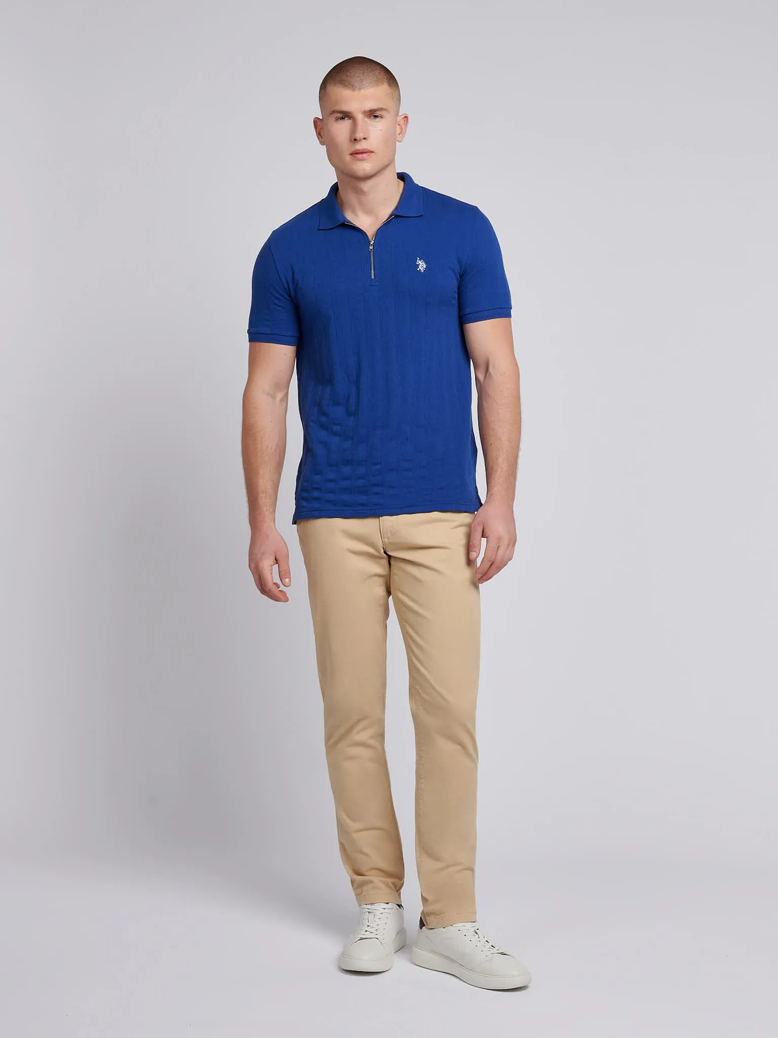Mens Stripe Textured Zip Polo Shirt in Sodalite Blue