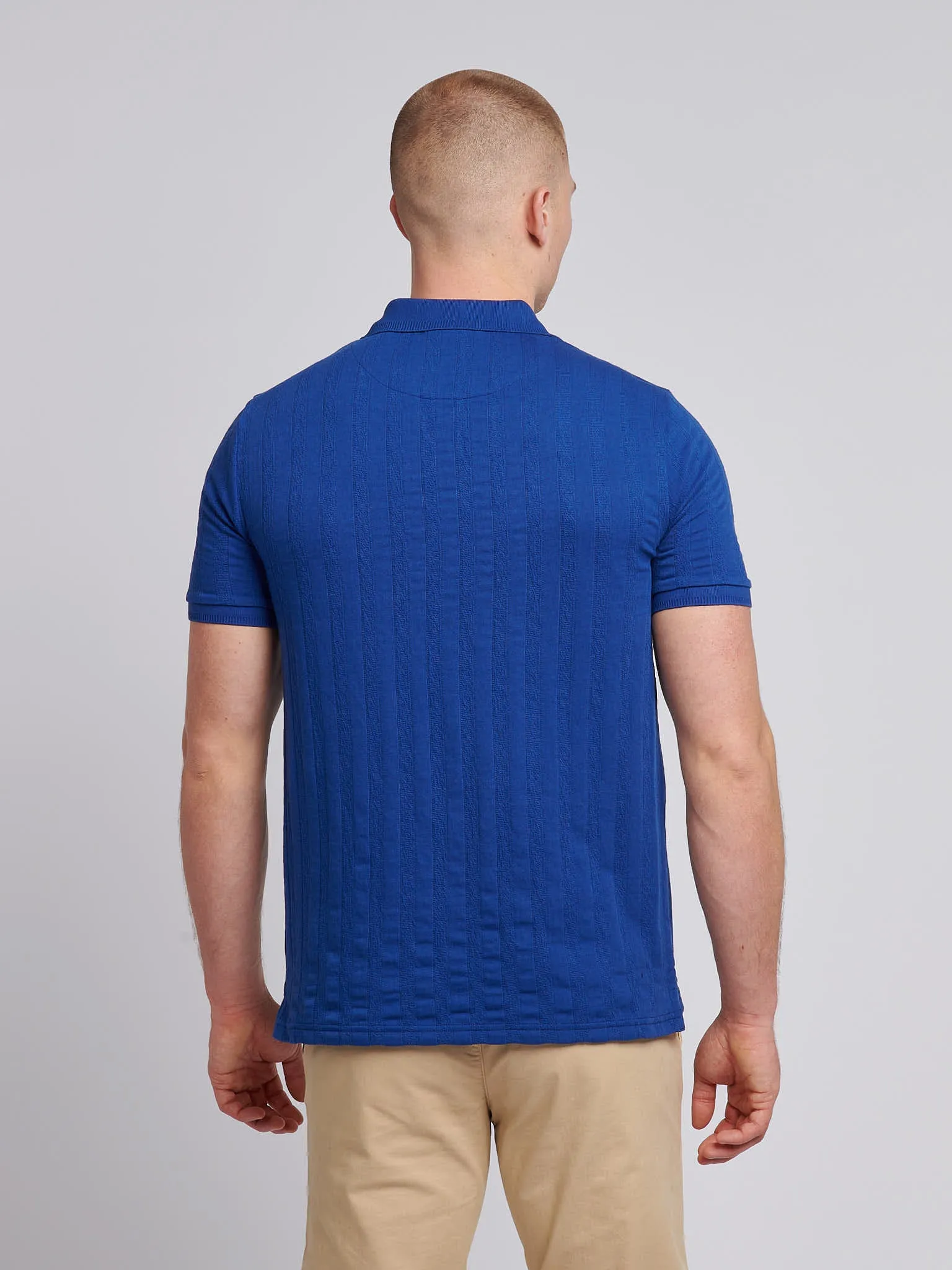 Mens Stripe Textured Zip Polo Shirt in Sodalite Blue