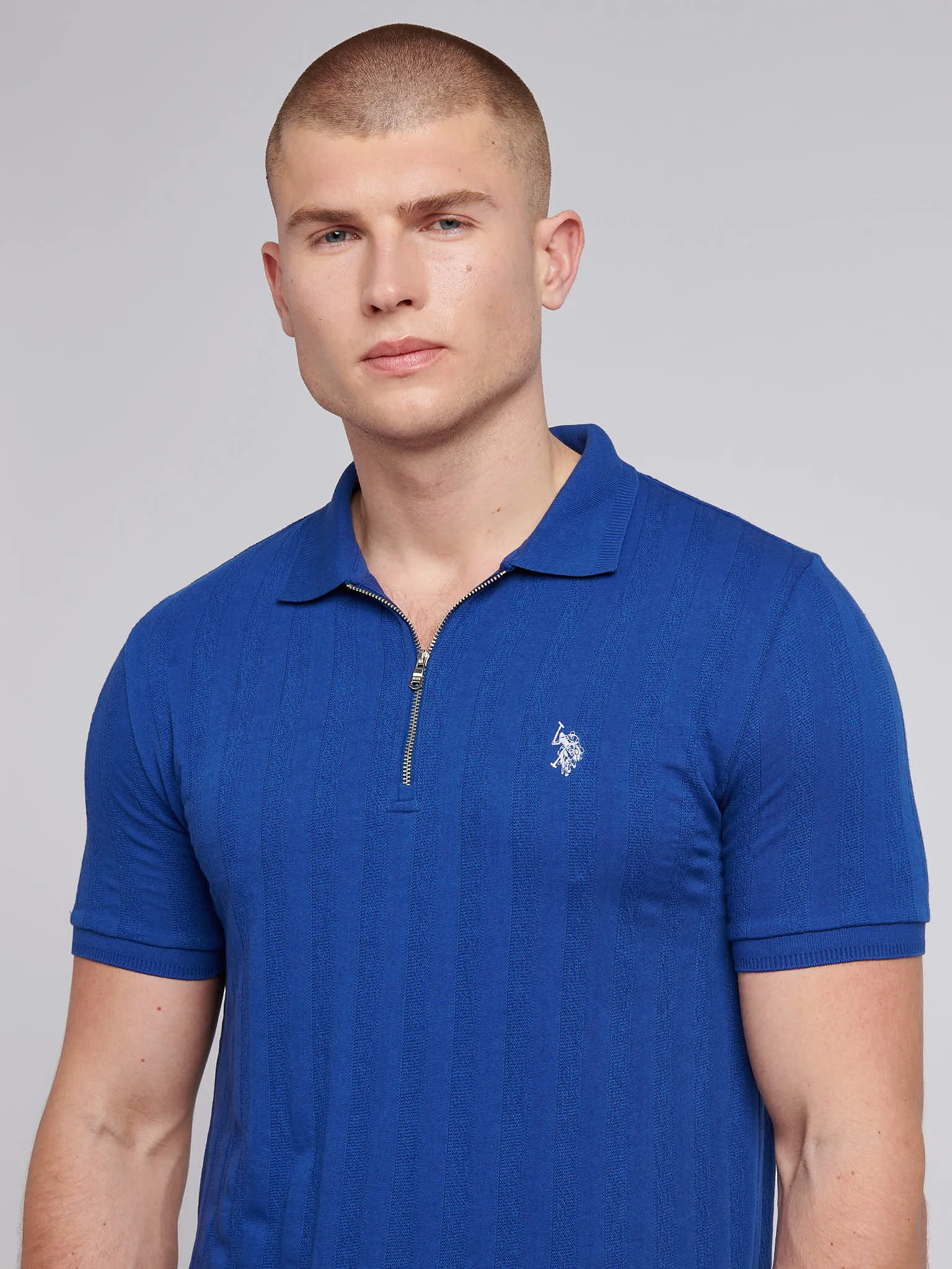 Mens Stripe Textured Zip Polo Shirt in Sodalite Blue