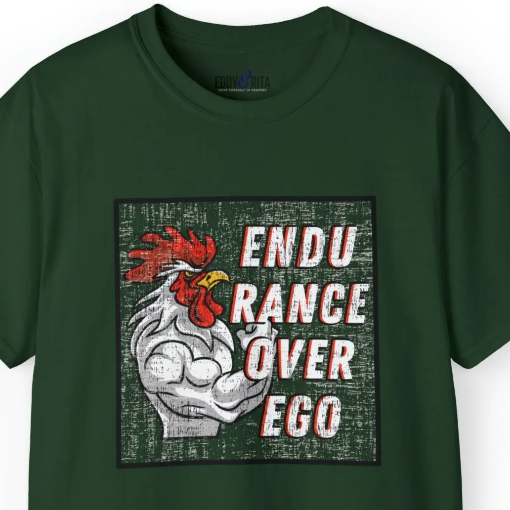 Muscle-Bound Rooster 'Endurance Over Ego' Men's Tee - Powerful and Inspirational Shirt