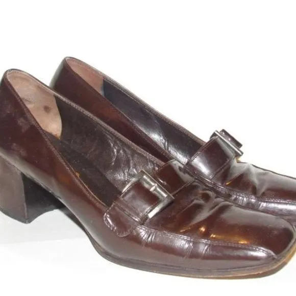 Prada RETRO Dark Brown Glossy Leather Square Toe Loafers
