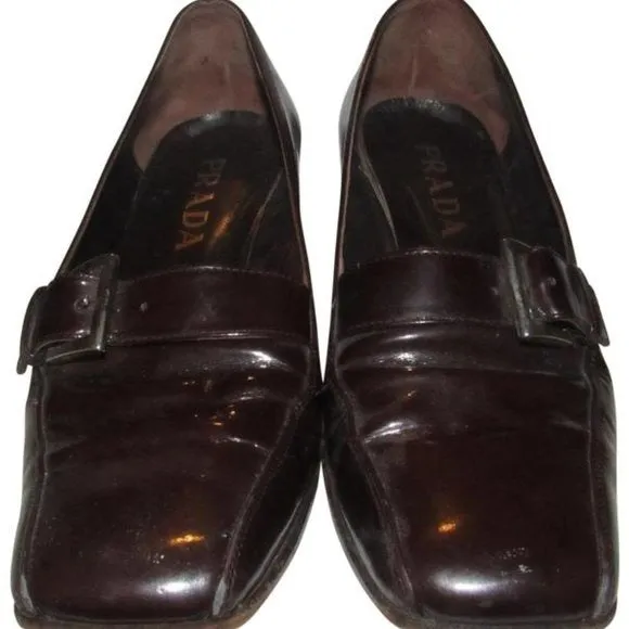 Prada RETRO Dark Brown Glossy Leather Square Toe Loafers